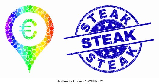 Pixel rainbow gradiented euro map marker mosaic icon and Steak seal stamp. Blue vector round grunge seal stamp with Steak caption. Vector combination in flat style.