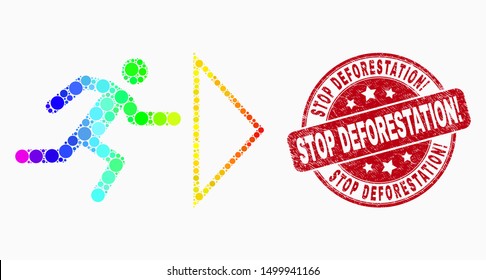 Pixel rainbow gradiented exit person mosaic icon and Stop Deforestation! seal stamp. Red vector round textured seal stamp with Stop Deforestation! title. Vector composition in flat style.