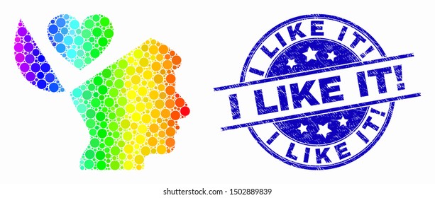 Pixel rainbow gradiented favourites open mind mosaic pictogram and I Like It! seal. Blue vector rounded scratched seal stamp with I Like It! text. Vector composition in flat style.