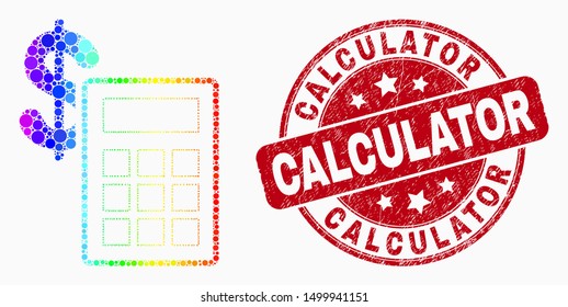 Pixel rainbow gradiented financial calculator mosaic pictogram and Calculator seal stamp. Red vector round distress stamp with Calculator title. Vector combination in flat style.