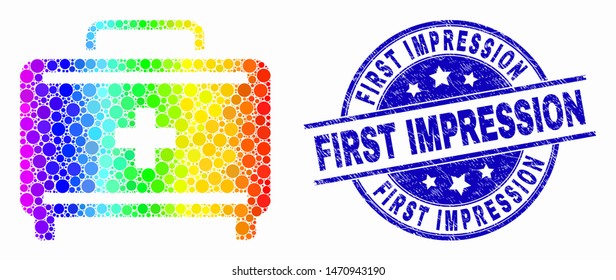 Pixel rainbow gradiented first aid case mosaic pictogram and First Impression seal stamp. Blue vector rounded scratched seal with First Impression message. Vector composition in flat style.