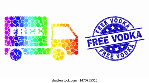 Pixel rainbow gradiented free delivery mosaic pictogram and Free Vodka seal stamp. Blue vector rounded scratched seal stamp with Free Vodka text. Vector composition in flat style.
