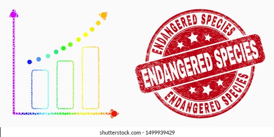 Pixel rainbow gradiented growing chart mosaic icon and Endangered Species seal stamp. Red vector round scratched stamp with Endangered Species message. Vector combination in flat style.