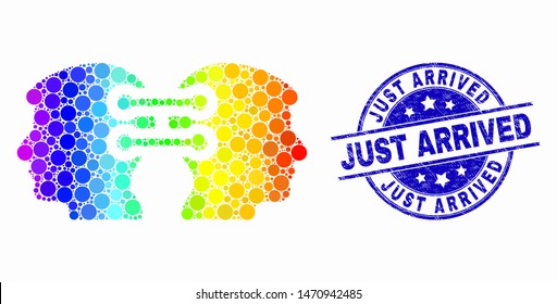 Pixel rainbow gradiented head links integration mosaic icon and Just Arrived watermark. Blue vector rounded scratched seal stamp with Just Arrived message. Vector combination in flat style.
