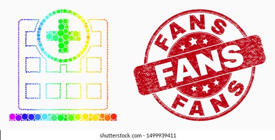 Pixel rainbow gradiented hospital building mosaic icon and Fans stamp. Red vector rounded grunge seal stamp with Fans message. Vector collage in flat style.
