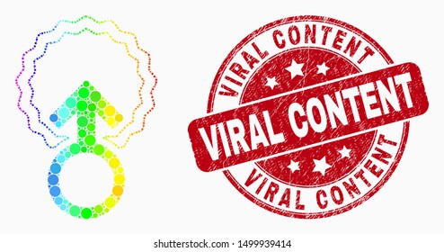 Pixel rainbow gradiented insemination mosaic icon and Viral Content watermark. Red vector round grunge watermark with Viral Content phrase. Vector composition in flat style.