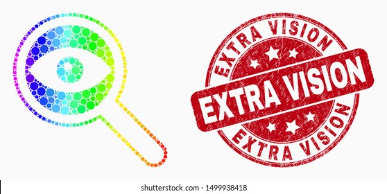 Pixel rainbow gradiented investigate mosaic icon and Extra Vision watermark. Red vector rounded grunge watermark with Extra Vision message. Vector collage in flat style.