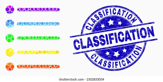 Pixel rainbow gradiented items mosaic icon and Classification seal stamp. Blue vector round textured stamp with Classification phrase. Vector combination in flat style.