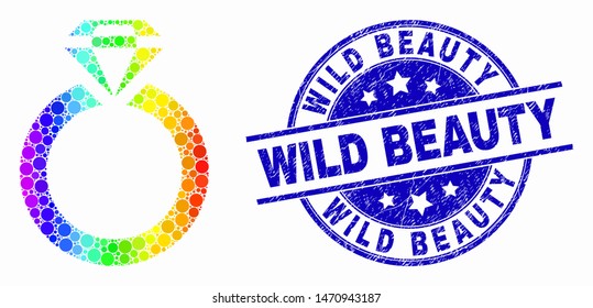 Pixel rainbow gradiented jewelry ring mosaic pictogram   Wild Beauty seal stamp  Blue vector round distress seal stamp and Wild Beauty text  Vector combination in flat style 