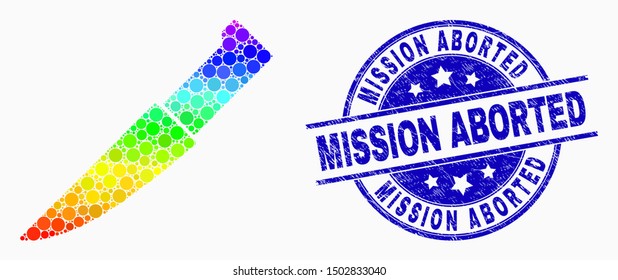 Pixel rainbow gradiented knife mosaic pictogram and Mission Aborted seal stamp. Blue vector round grunge seal stamp with Mission Aborted title. Vector combination in flat style.