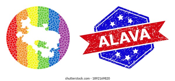 Pixel rainbow gradiented map of Alava Province collage composed with circle and subtracted space, and grunge seal. LGBTQ rainbow colored dots around empty map of Alava Province.