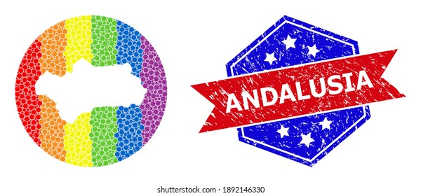 Pixel rainbow gradiented map of Andalusia Province collage composed with circle and subtracted shape, and scratched seal. LGBTQ spectrum colored dots around empty map of Andalusia Province.