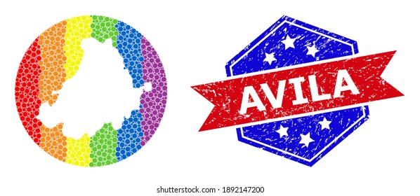 Pixel rainbow gradiented map of Avila Province mosaic designed with circle and stencil, and distress watermark. LGBT rainbow colored dots around empty map of Avila Province.