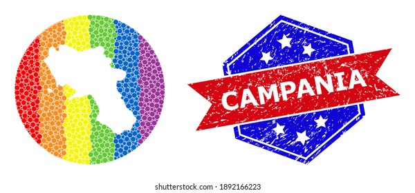 Pixel rainbow gradiented map of Campania region mosaic composed with circle and hole, and textured seal. LGBTQ rainbow colored dots around empty map of Campania region.
