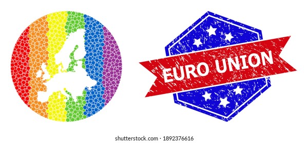 Pixel rainbow gradiented map of Euro Union collage designed with circle and hole, and scratched seal. LGBT spectrum colored dots around empty map of Euro Union.