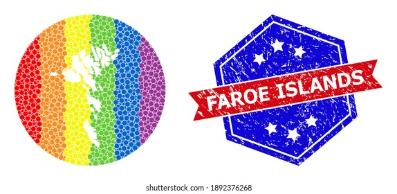 Pixel rainbow gradiented map of Faroe Islands mosaic formed with circle and subtracted shape, and grunge seal stamp. LGBT rainbow colored dots around empty map of Faroe Islands.