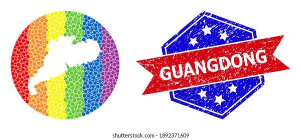 Pixel rainbow gradiented map of Guangdong Province collage created with circle and cut out shape, and textured badge. LGBTQ rainbow colored pixels around empty map of Guangdong Province.