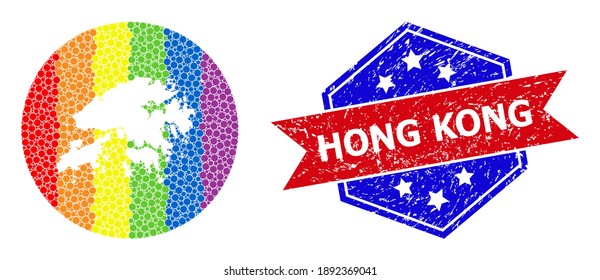 Pixel rainbow gradiented map of Hong Kong collage designed with circle and cut out shape, and scratched seal. LGBTQ rainbow colored pixels around empty map of Hong Kong.