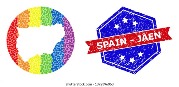 Pixel rainbow gradiented map of Jaen Spanish Province mosaic created with circle and stencil, and distress seal stamp. LGBTQ rainbow colored dots around empty map of Jaen Spanish Province.