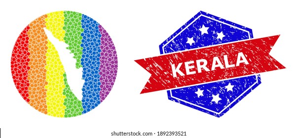 Pixel rainbow gradiented map of Kerala State mosaic designed with circle and cut out shape, and scratched stamp. LGBT rainbow colored pixels around empty map of Kerala State.