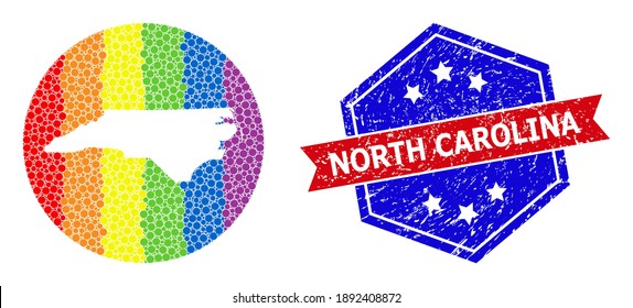 Pixel rainbow gradiented map of North Carolina State mosaic formed with circle and carved shape, and textured seal stamp. LGBT rainbow colored pixels around empty map of North Carolina State.