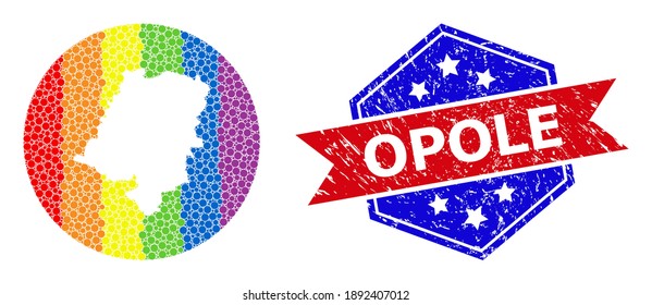 Pixel rainbow gradiented map of Opole Province collage formed with circle and carved shape, and scratched seal stamp. LGBT rainbow colored dots around empty map of Opole Province.