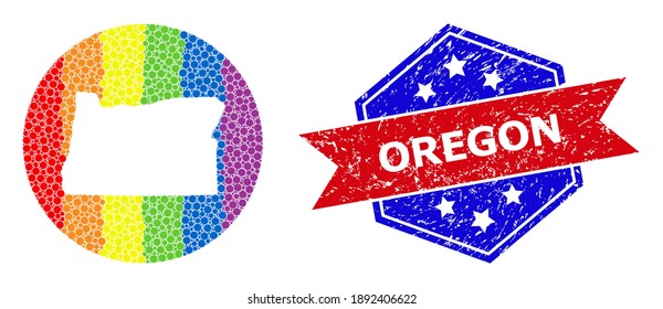 Pixel rainbow gradiented map of Oregon State collage formed with circle and subtracted space, and scratched seal stamp. LGBTQ rainbow colored pixels around empty map of Oregon State.