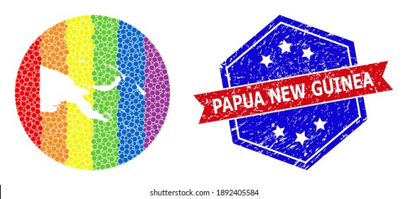 Pixel rainbow gradiented map of Papua New Guinea collage created with circle and subtracted shape, and distress seal stamp. LGBTQ rainbow colored dots around empty map of Papua New Guinea.