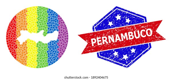 Pixel rainbow gradiented map of Pernambuco State mosaic designed with circle and hole, and distress watermark. LGBTQ rainbow colored pixels around empty map of Pernambuco State.