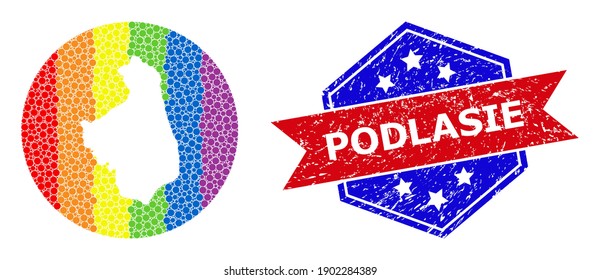 Pixel rainbow gradiented map of Podlasie Province mosaic designed with circle and carved shape, and scratched seal stamp. LGBTQ rainbow colored pixels around empty map of Podlasie Province.