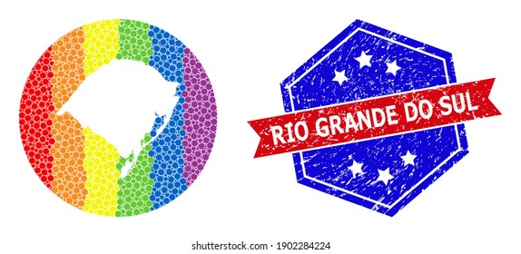 Mapa gradiente del arco iris de los mosaicos del estado de Río Grande do Sul diseñado con forma circular y tallada, y sello de foca rayado. Puntos de color arcoiris LGBTQ alrededor del mapa vacío del estado de Rio Grande do Sul.