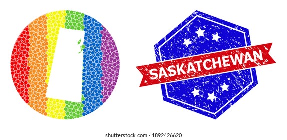 Pixel rainbow gradiented map of Saskatchewan Province mosaic created with circle and cut out shape, and distress seal. LGBT rainbow colored dots around empty map of Saskatchewan Province.