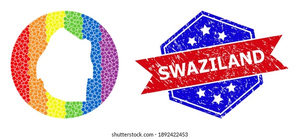 Pixel rainbow gradiented map of Swaziland mosaic created with circle and hole, and grunge seal stamp. LGBT rainbow colored pixels around empty map of Swaziland.