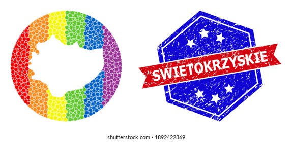 Pixel rainbow gradiented map of Swietokrzyskie Province collage designed with circle and carved shape, and scratched stamp. LGBT rainbow colored pixels around empty map of Swietokrzyskie Province.