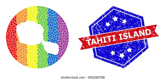 Pixel rainbow gradiented map of Tahiti Island collage designed with circle and subtracted shape, and scratched seal. LGBTQ spectrum colored dots around empty map of Tahiti Island.