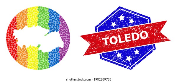 Pixel rainbow gradiented map of Toledo Province mosaic designed with circle and stencil, and scratched stamp. LGBT rainbow colored dots around empty map of Toledo Province.