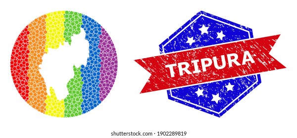 Pixel rainbow gradiented map of Tripura State mosaic created with circle and hole, and distress watermark. LGBT rainbow colored dots around empty map of Tripura State.