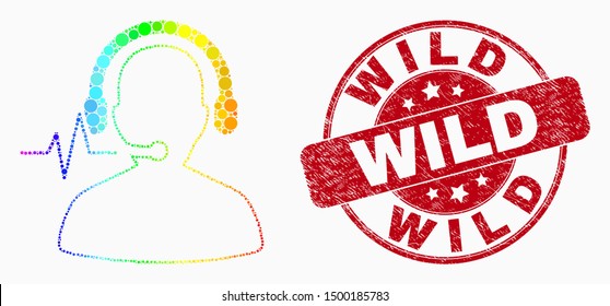 Pixel rainbow gradiented operator signal mosaic pictogram and Wild watermark. Red vector round scratched stamp with Wild message. Vector combination in flat style.