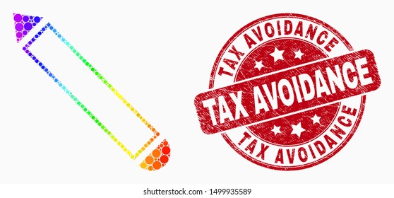 Pixel rainbow gradiented pencil mosaic pictogram and Tax Avoidance seal stamp. Red vector rounded grunge stamp with Tax Avoidance text. Vector combination in flat style.