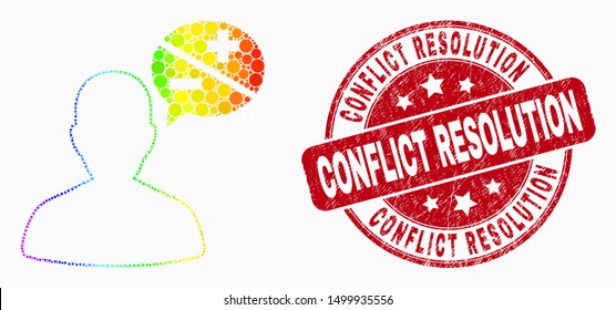 Pixel rainbow gradiented person arguments mosaic pictogram and Conflict Resolution seal stamp. Red vector rounded scratched seal stamp with Conflict Resolution caption.