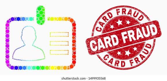 Pixel rainbow gradiented person badge mosaic pictogram and Card Fraud stamp. Red vector rounded grunge stamp with Card Fraud title. Vector combination in flat style.