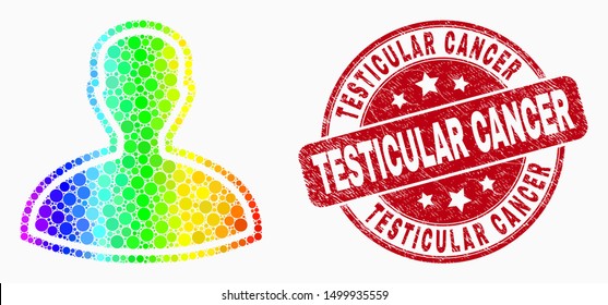 Pixel rainbow gradiented person mosaic icon and Testicular Cancer watermark. Red vector round scratched watermark with Testicular Cancer caption. Vector composition in flat style.
