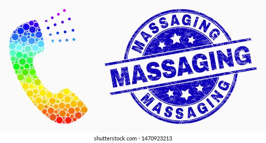 Pixel rainbow gradiented phone sound mosaic icon and Massaging seal stamp. Blue vector round distress watermark with Massaging title. Vector composition in flat style.
