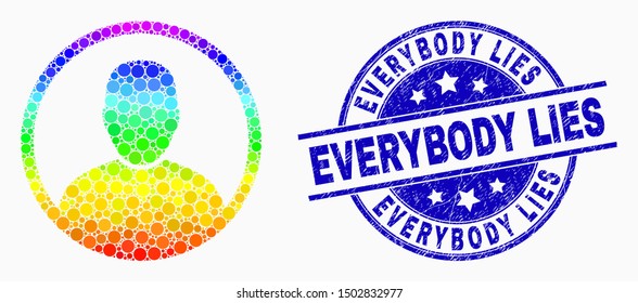 Pixel rainbow gradiented rounded user portrait mosaic icon and Everybody Lies seal stamp. Blue vector round grunge seal stamp with Everybody Lies phrase. Vector combination in flat style.