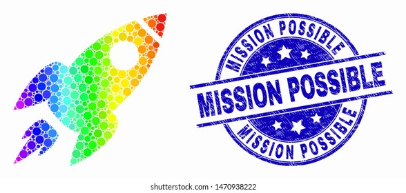 Pixel rainbow gradiented space rocket mosaic pictogram and Mission Possible seal stamp. Blue vector rounded textured seal stamp with Mission Possible phrase. Vector collage in flat style.