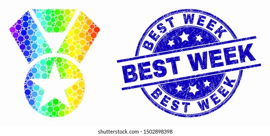 Pixel rainbow gradiented star award mosaic icon and Best Week stamp. Blue vector round distress seal stamp with Best Week text. Vector combination in flat style.
