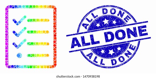 Pixel rainbow gradiented task list page mosaic icon and All Done seal. Blue vector rounded grunge watermark with All Done caption. Vector combination in flat style.