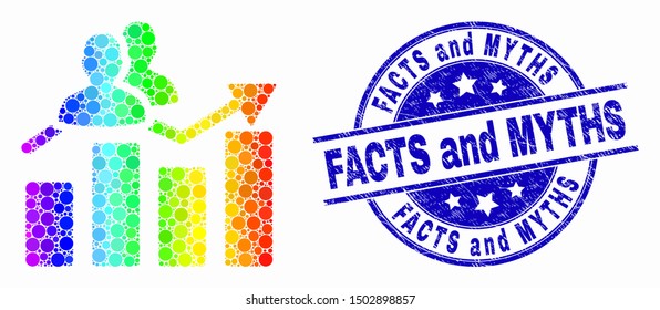 Pixel rainbow gradiented visitors bar chart mosaic icon and Facts and Myths seal stamp. Blue vector round textured stamp with Facts and Myths text. Vector composition in flat style.