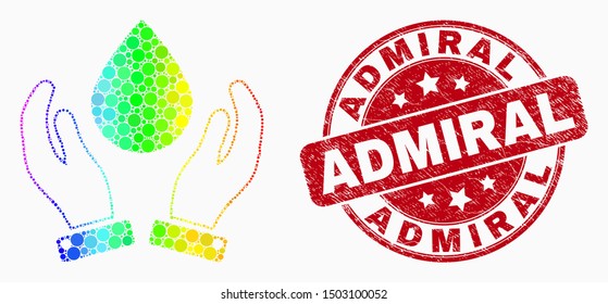 Pixel rainbow gradiented water drop care hands mosaic pictogram and Admiral seal. Red vector round scratched seal stamp with Admiral phrase. Vector combination in flat style.