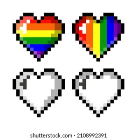 Plantilla de diseño de iconos de amor de arco iris de píxeles. Símbolo de juego de arcade. Arte valentino de Romance. Ilustración del corazón del orgullo Lgbt.